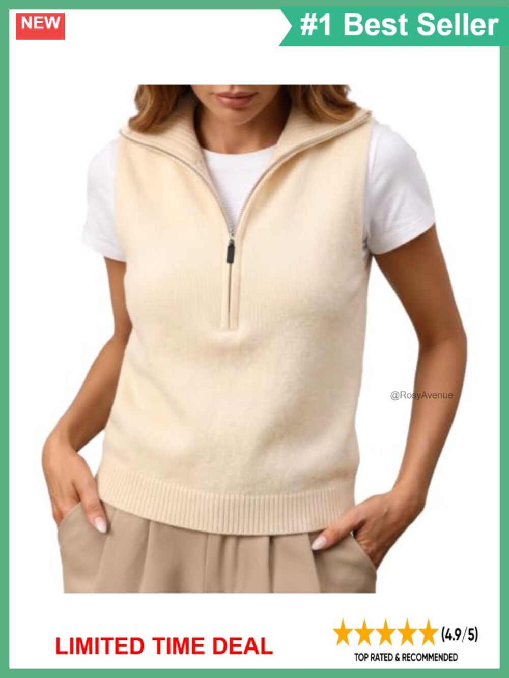 Knit Sleeveless Half Zip Tank Top Loose Fit V-Neck Ribbed Womens Sweater Vest